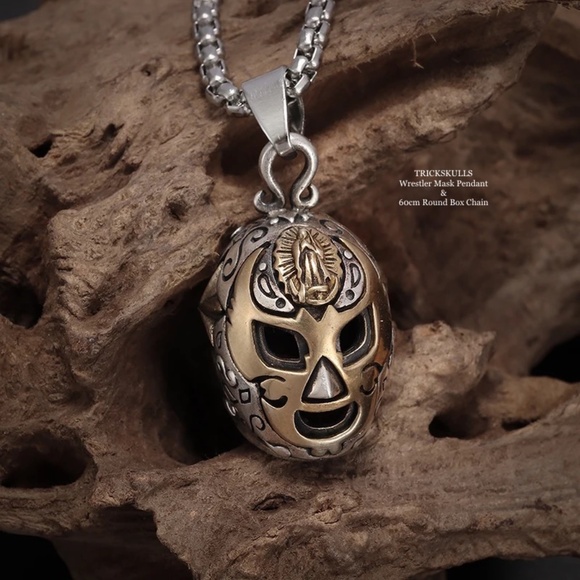 Wrestler Wrestling Mask Silver & Gold Pendant 60cm Stainless Round Box Chain - Picture 2 of 8